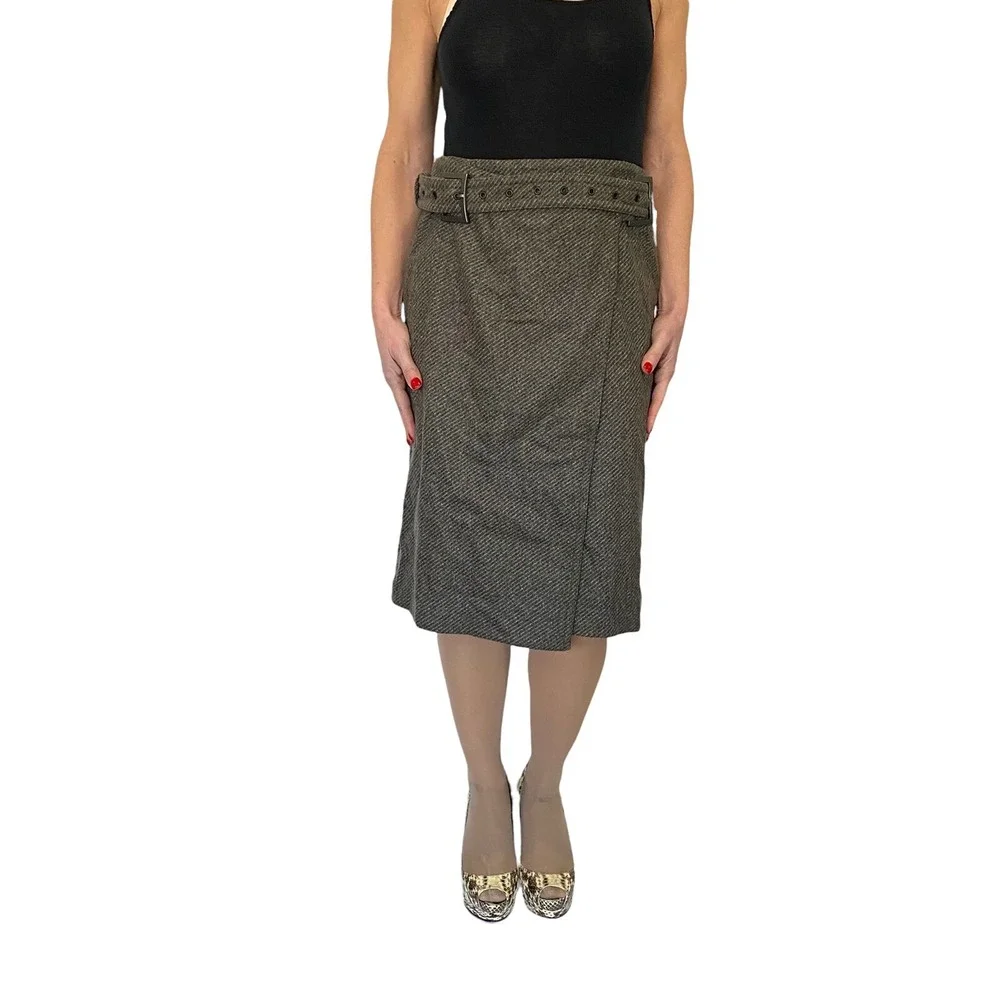 Calvin Klein Made In Italy $640 Olive Green Wool Blend Belted Wrap Skirt  NWT 4